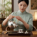 925 Sterling Silver Elegant Hand-Hammered Silver Kettle with Rattan Wrapped Handle and Jade-Style Finial - Handicraft