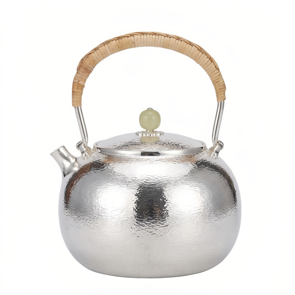 925 Sterling Silver Elegant Hand-Hammered Silver Kettle with Rattan Wrapped Handle and Jade-Style Finial - Handicraft