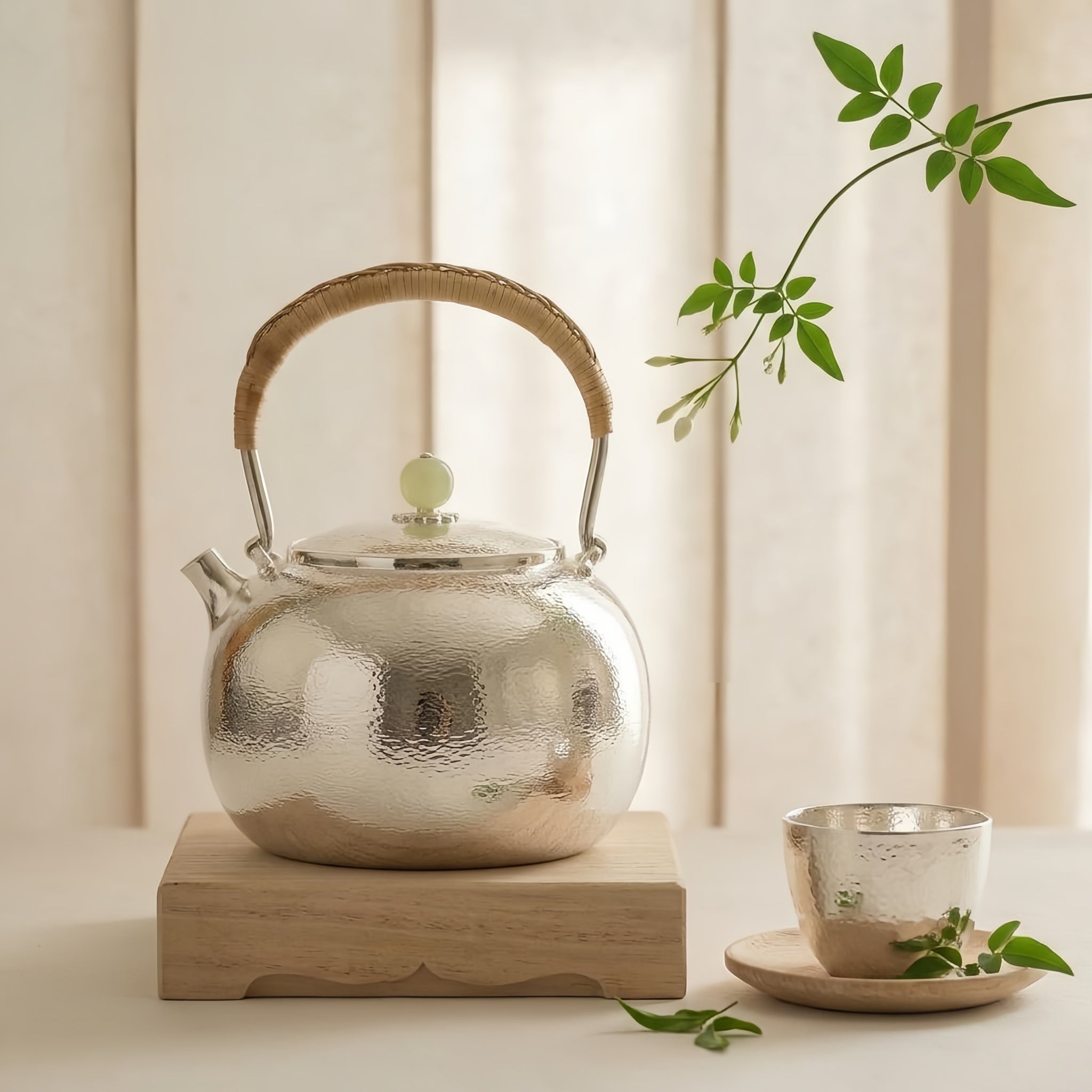 925 Sterling Silver Elegant Hand-Hammered Silver Kettle with Rattan Wrapped Handle and Jade-Style Finial - Handicraft